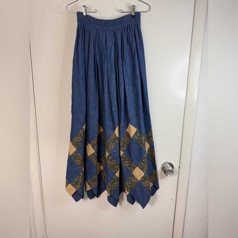Vintage Chambray denim, paisley patchwork, elastic waistband maxi skirt S/M - Picture 4 of 6